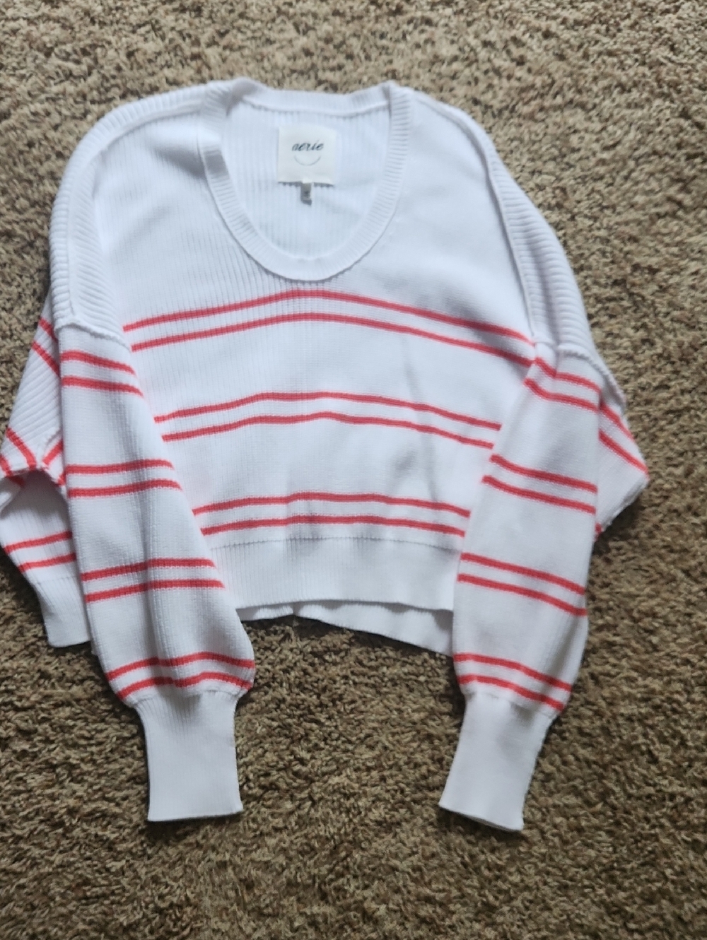 aerie White Cropped Crewneck Sweater with Coral Stripes